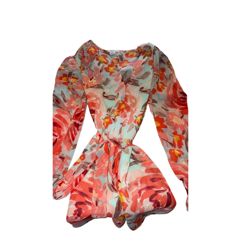 fraiche Floral Long Sleeve Romper‎ V-Neck Button Front Coral Blue Size S